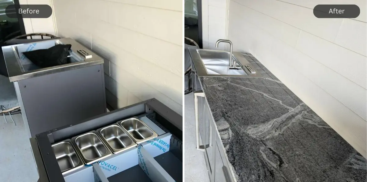 Viscount White Granite installation comparison image