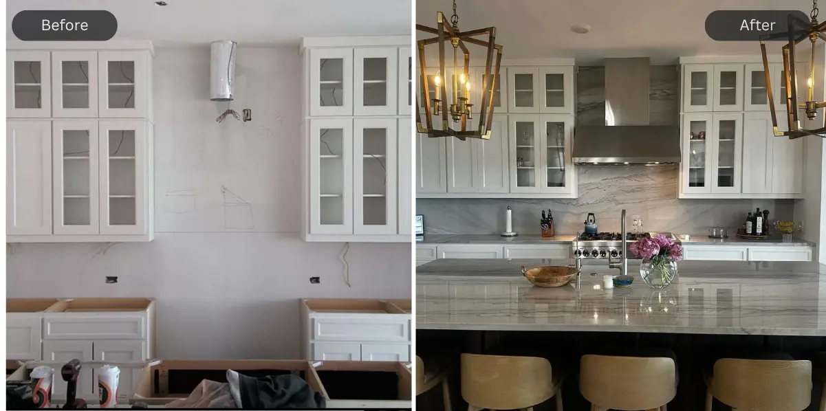 Opus White Quartzite installation comparison image